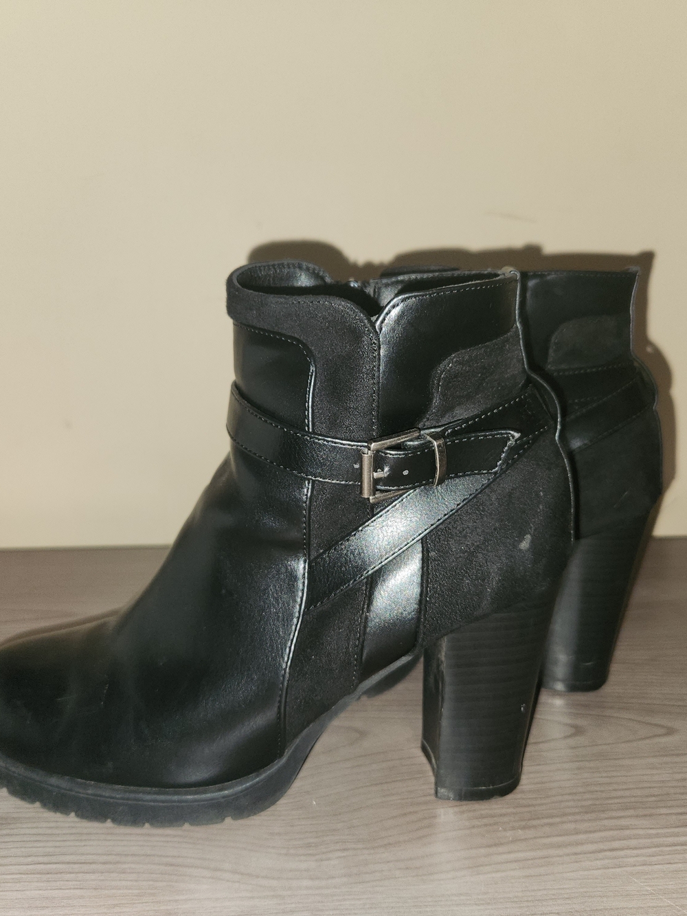 Women's Black Leather Ankle Booties with Buckle Strap